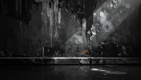 Black grunge wall with spotlights. 3d render illustration.の素材