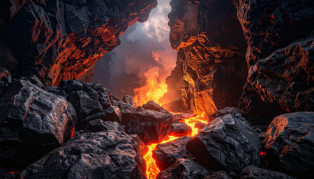 Volcanic landscape with lava flow in the cave. 3D renderingの素材