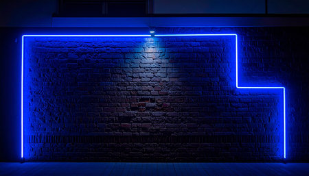 Blue neon sign on the brick wall. 3d render illustration.の素材