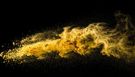 Explosion of yellow powder isolated on black background. Abstract background.の素材