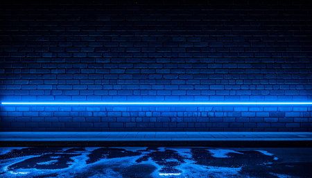 Blue neon light on a brick wall background. 3d rendering.の素材