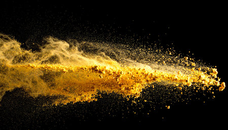 Explosion of yellow powder isolated on black background. 3d renderingの素材