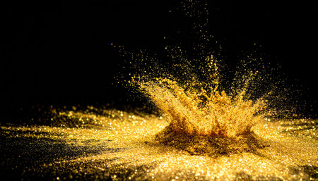 Golden glitter sparkles on black background. Golden glittering dust particles.の素材