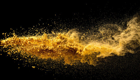 Abstract gold powder explosion isolated on black background. 3d rendering.の素材