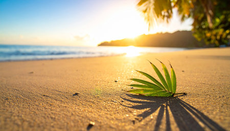 palm leaf on the beach at sunset in the tropics.の素材