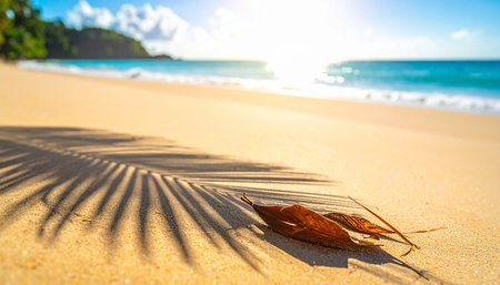 Palm leaf on the sandy beach of Seychelles.の素材