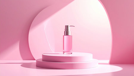 Pink cosmetic bottle on round podium in minimal style. 3d renderの素材