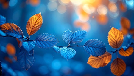 Autumn leaves on blue background with bokeh, nature backgroundの素材