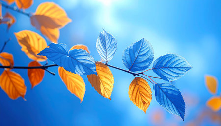 Autumn leaves on blue sky background. Colorful leaves in autumnの素材
