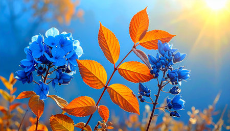 Blue hydrangea flowers with autumn leaves on blue sky backgroundの素材