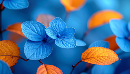 Blue hydrangea leaves on blue background with copy space.の素材