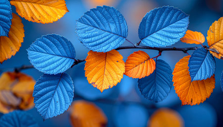 Autumn leaves background. Colorful autumn leaves on blue background.の素材