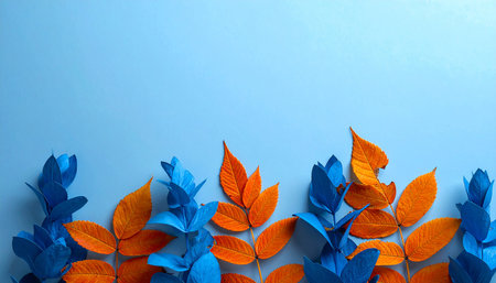 Colorful autumn leaves on blue background, flat lay. Space for textの素材