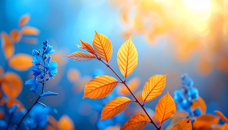 Beautiful autumn background with blue and orange leaves and sunbeamsの素材