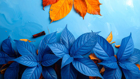 Blue and orange leaves on a blue background. Autumn concept. Flat lay.の素材