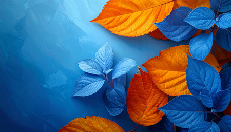 Colorful autumn leaves on blue background. Flat lay, top view.の素材