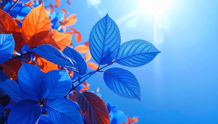 Autumn leaves on blue sky background. Beautiful nature scene with sunbeams.の素材