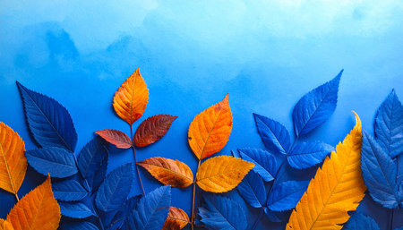 Colorful autumn leaves on blue background. Top view, flat layの素材