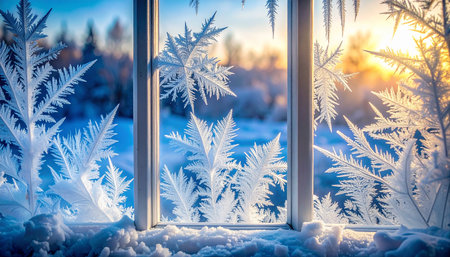Beautiful winter landscape with frosted window and sunset in the backgroundの素材