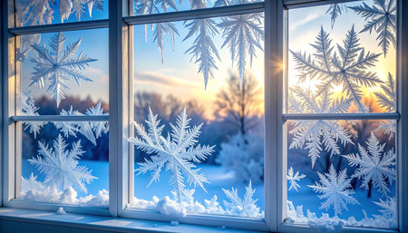 Beautiful winter landscape with snowflakes on the windowsill.の素材