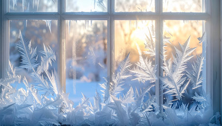 Frosty window with snowflakes in the morning sunlight.の素材