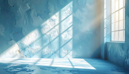 3d rendering of empty blue room with window and light from windowの素材
