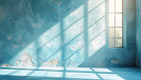 Sunlight through window in empty room with blue wall and wooden floorの素材