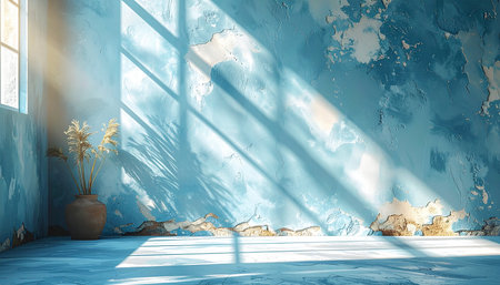 3D rendering of an empty room with blue wall and white floorの素材