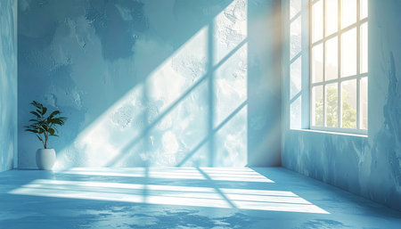 Empty room with window and blue wall. 3d render illustration.の素材