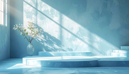 Minimalist blue podium for product presentation in the room. 3D renderingの素材