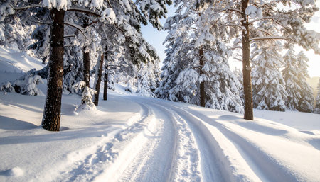 Beautiful winter landscape with snowy road in the mountain forest. Carpathians, Ukraineの素材