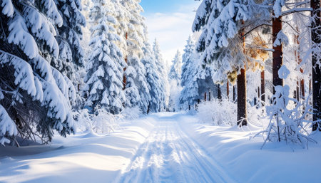 Beautiful winter landscape with snow covered trees and road in the forestの素材