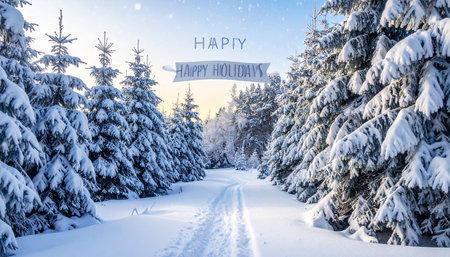 Merry Christmas and Happy New Year greeting card in snowy winter forest.の素材