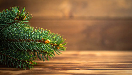 Christmas fir tree branch on wooden background with copy space for your textの素材