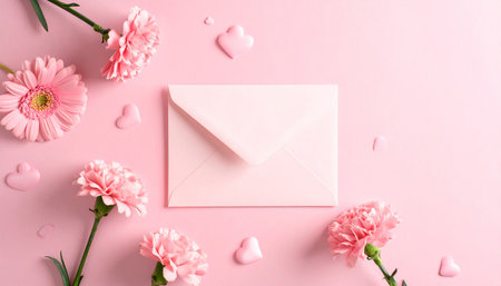 Flat lay composition with envelope, flowers and hearts on pink backgroundの素材