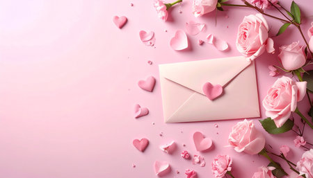 Valentine's day greeting card with envelope and flowers on pink backgroundの素材
