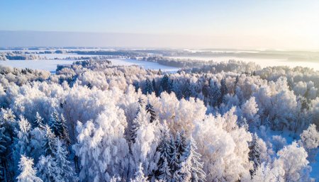 Aerial view of winter forest at sunset. Beautiful winter landscape.の素材