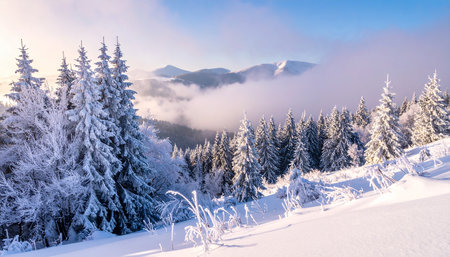 Fantastic winter landscape. Dramatic wintry scene. Carpathian, Ukraine, Europe. Beauty world.の素材