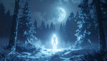 Mysterious forest at night with a silhouette of a man in front of a full moonの素材