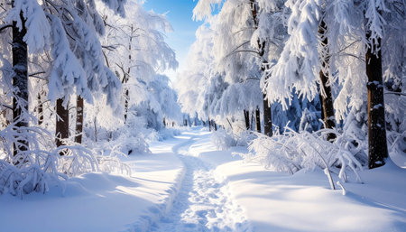 Beautiful winter landscape with snow-covered trees in the forest.の素材