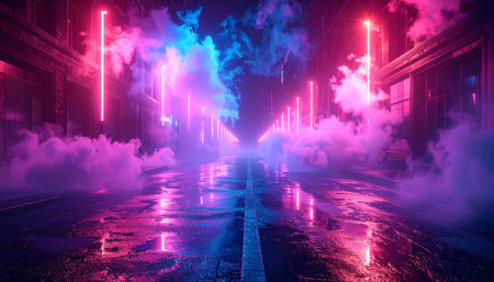 3d illustration of futuristic corridor with glowing neon lights in the darkの素材