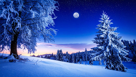 Beautiful winter landscape in the mountains at night with full moon.の素材