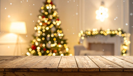Wooden table in front of christmas tree with lights bokeh backgroundの素材