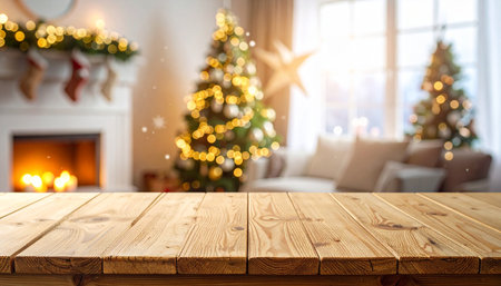 Empty wooden table for product display montages with Christmas tree background.の素材