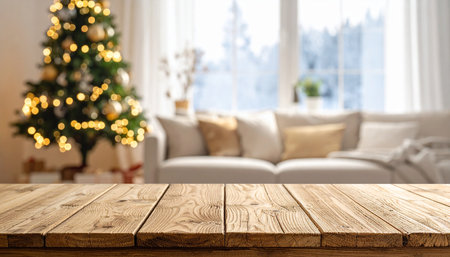 Wooden table in front of blurred living room interior with Christmas treeの素材