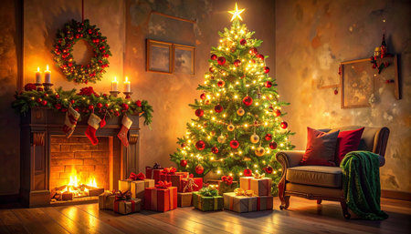 Christmas tree with presents and fireplace in the interior of the living roomの素材