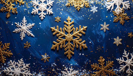 Christmas background with snowflakes on blue wooden background. Top view.の素材