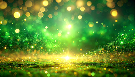 Abstract green bokeh background with glitter defocused lights. Christmas and New Year concept.の素材