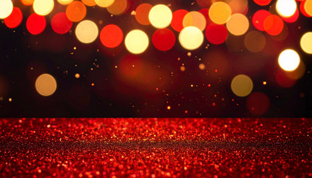 Red glitter vintage lights background. Christmas and New Year feast bokeh.の素材