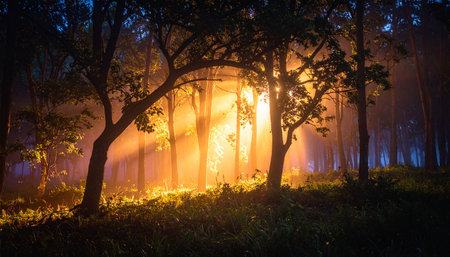 Foggy forest at night with sun rays passing through the treesの素材